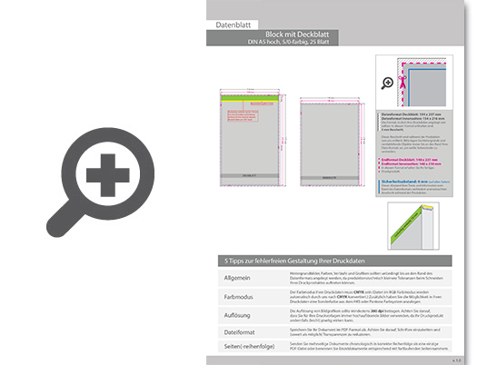Product Bild block_mit_leimbindung_und_deckblatt__din_a5__25_blatt__5_0_farbig_einseitig_bedruckt_(cmyk_4-farbig_+_1_sonderfarbe_hks_oder_pantone)